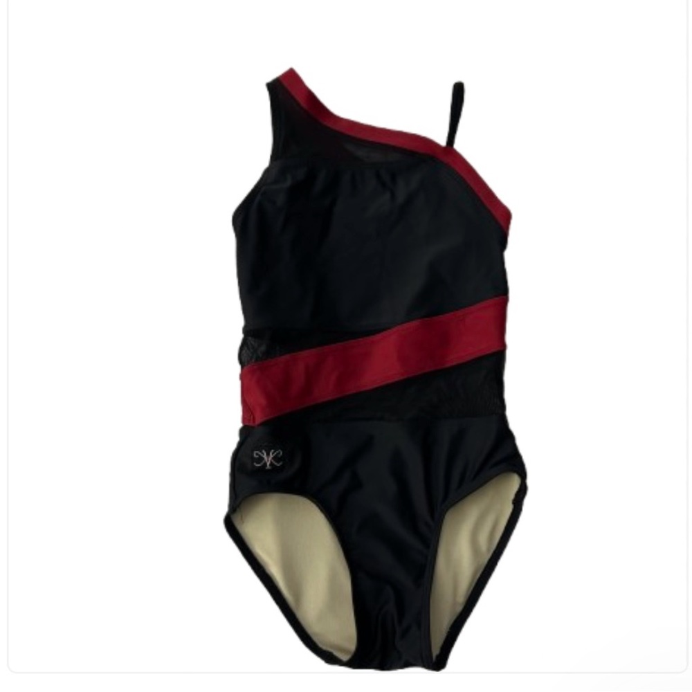 Kandi Kouture Girls Dance Leotard CM 5/6 Black Red One Shoulder Mesh USA